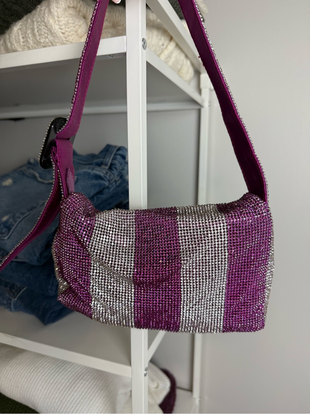 Benedetta Bruzziches Rhinestone Pink & Silver Stripe Shoulder Bag - Picture 4 of 7
